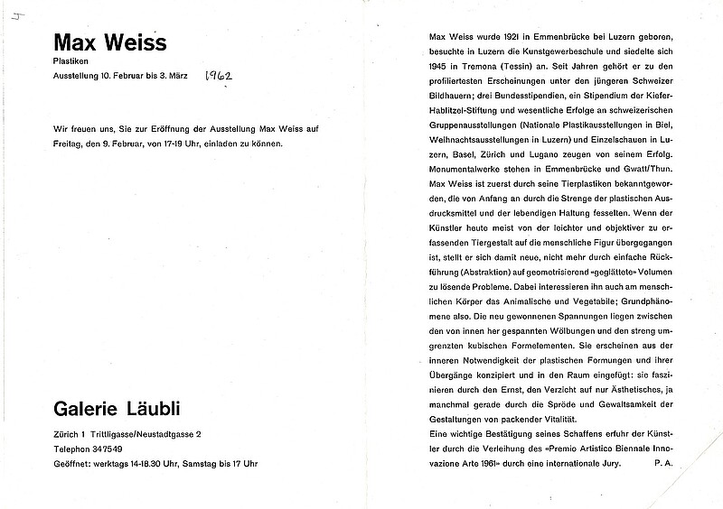 Bildhauer Max Weiss, Galerie Läubli, 1962