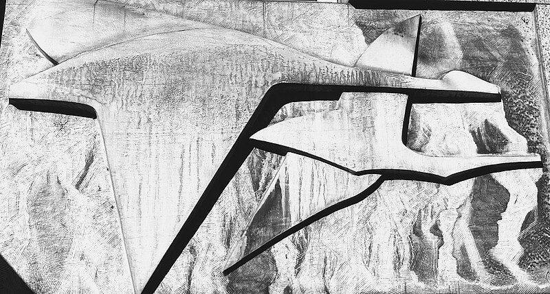 Skulptur Fliegende Schwäne Wandbild Gersagstrasse Emmenbrücke (1957) von Bildhauer Max Weiss, Bild 1 von 2